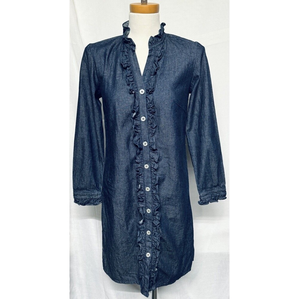 Kayce Hughes Dress Women's Size 2 Ruffle Button Up V-Neck Lightweight Denim